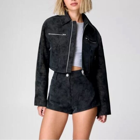 Cropped Faux Leather Distressed Trucker Jacket - Picture 4 of 7